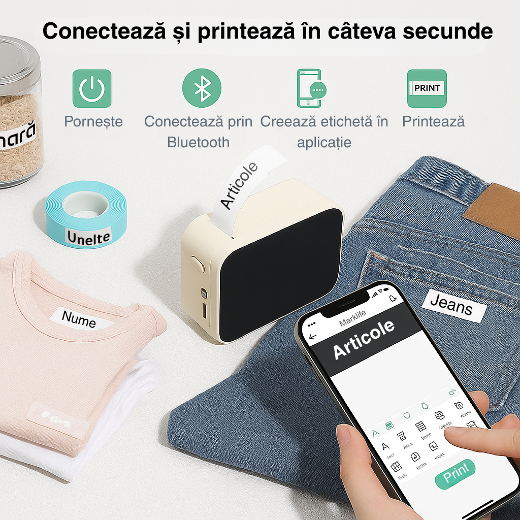 Imprimantă Termică Portabilă Mini P15 Marklife – Bluetooth, Fără Cerneală