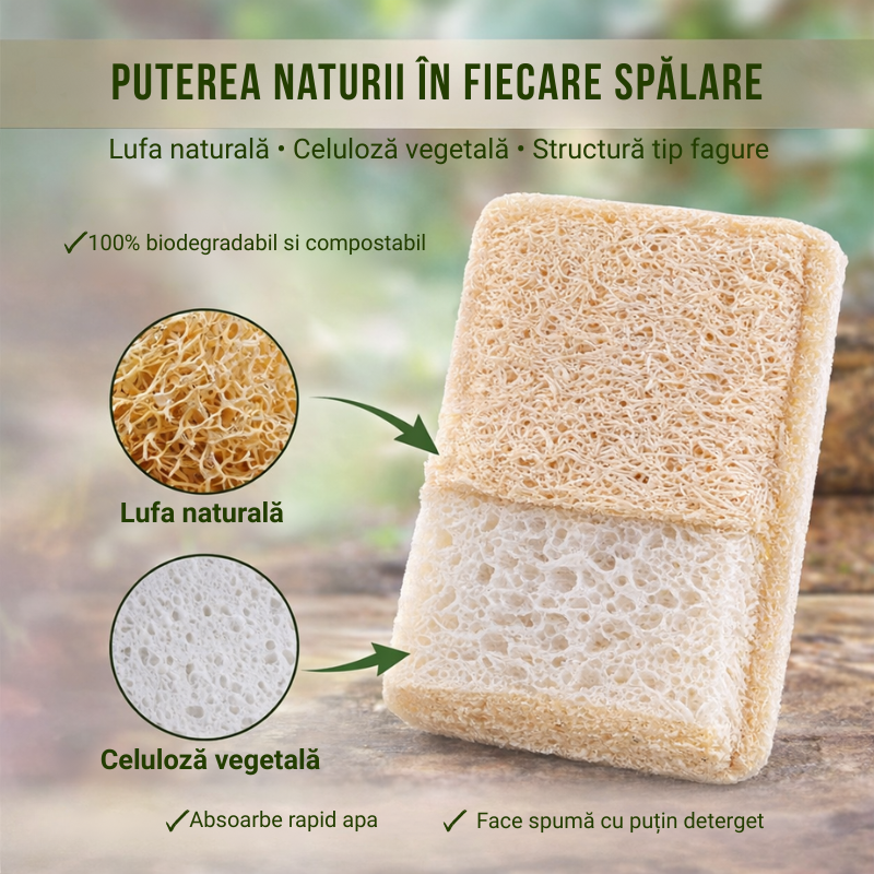 Set 3 Bureti Vase Naturali din Lufa si Celuloza, Biodegradabili, Reutilizabili, Design Patrat, Curatare Eficienta Vase si Tigai, Delicati cu Mainile + Cadou set de clipsuri